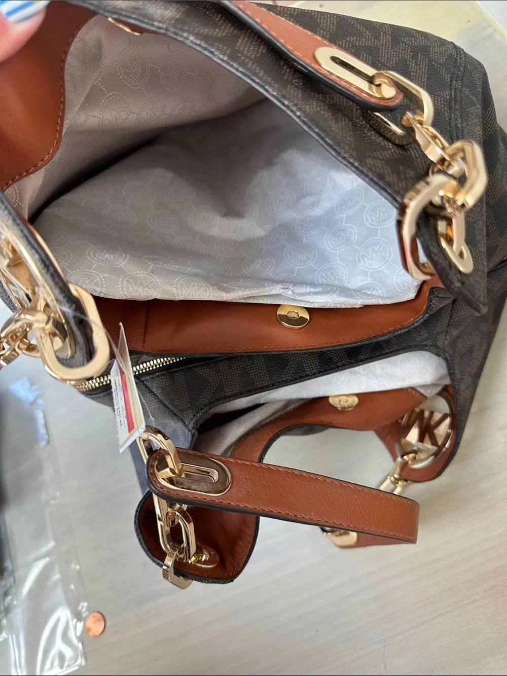 Michael Kors Dark Brown Monogram Shoulder Bag with Gold Hardware